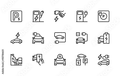 Car charging station vector linear icons set. Isolated icon collection such as parking, green energy, charging icon, hand and more.