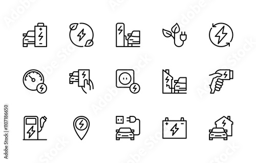 Car charging station vector linear icons set. Isolated icon collection such as car, battery, green energy, electric vehicle and more.