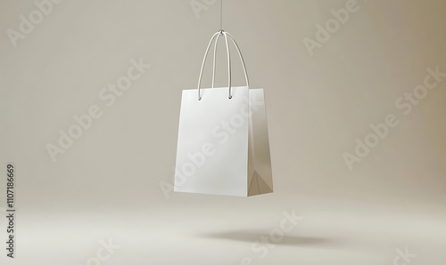 White Paper Shopping Bag Hanging Against Beige Background