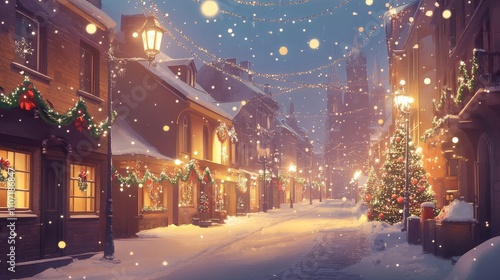 Christmas European town. City street. Winter city scene, vector illustration for greeting card design. 