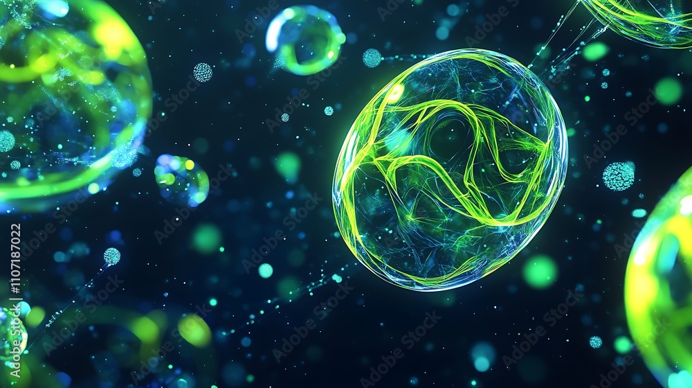 Fototapeta premium Abstract depiction of glowing cells with vibrant colors and light effects on a dark background