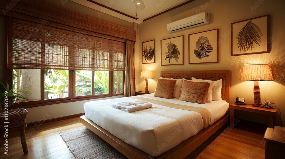 Fototapeta premium Serene Tropical Retreat with Woven Details and Palm Leaf Decor
