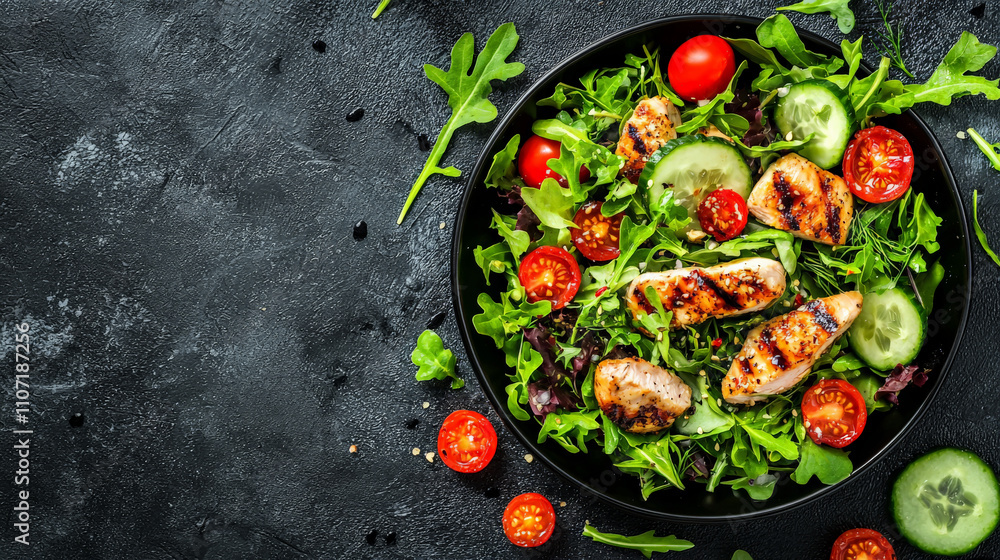 healthy and satisfying grilled chicken salad with mixed greens, cherry tomatoes, and cucumber slices on dark textured background. vibrant colors and fresh ingredients create appetizing dish healthy and satisfying grilled chicken salad with mixed greens, cherry tomatoes, and cucumber slices on dark textured background. vibrant colors and fresh ingredients create appetizing dish