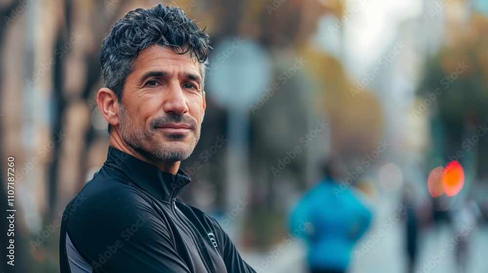 A middle-aged man with short dark curly hair and a black jacket stands in front Of a blurred city street looking over his shoulder with a serious expression. A middle-aged man with short dark curly hair and a black jacket stands in front Of a blurred city street looking over his shoulder with a serious expression.