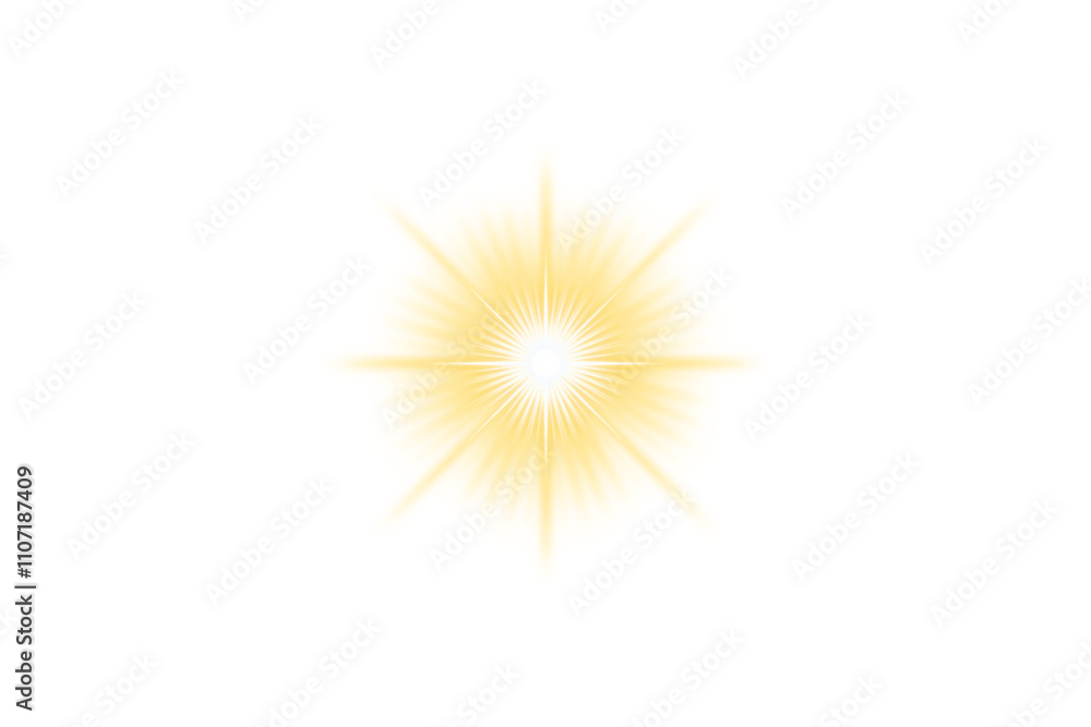 Fototapeta premium Glowing light sparks explosion on transparent background. Starlight, Shining star light effect PNG. Spotlight, Sun, Lens flare overlay. Flash light special effects. Magic light star shine glow