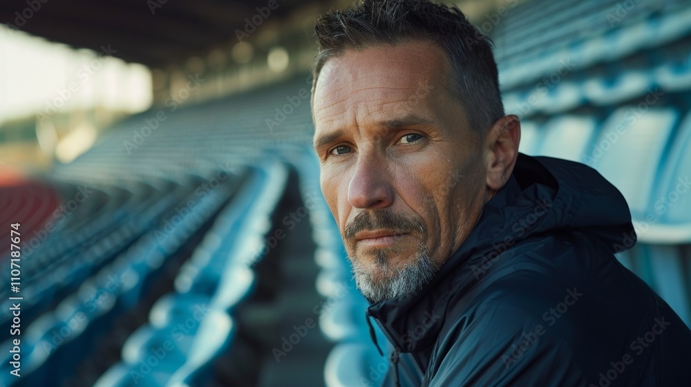 A middle-aged man with short hair blue eyes and a beard wearing a blue shirt stands in front Of a blurred background. The image appears to be taken at a sports stadium or track. A middle-aged man with short hair blue eyes and a beard wearing a blue shirt stands in front Of a blurred background. The image appears to be taken at a sports stadium or track.