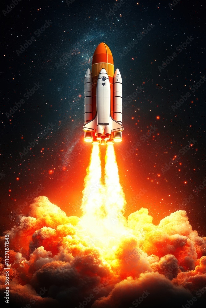 Obraz premium Retro Futuristic Spaceship Launching into Starry Sky