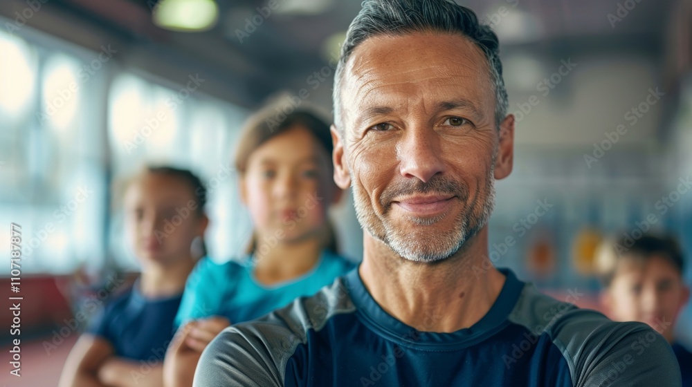 A middle-aged man with short gray hair smiling at the camera surrounded by children in a gym setting. A middle-aged man with short gray hair smiling at the camera surrounded by children in a gym setting.