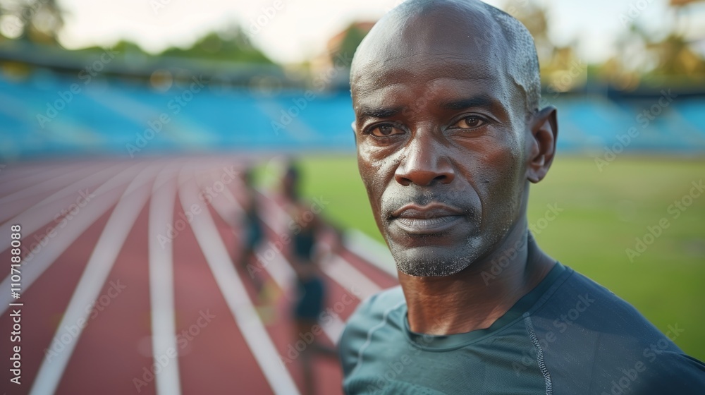 An older black man stands in front Of a running track. wearing a green shirt with a blurred background Of a track and field stadium. An older black man stands in front Of a running track. wearing a green shirt with a blurred background Of a track and field stadium.