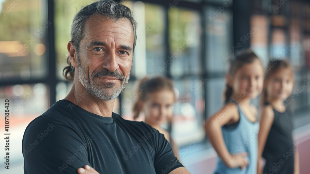 Fototapeta premium A middle-aged man coach with graying hair dressed in a black T-shirt stands in a gym setting with his arms crossed and a confident expression in the background with three young girls
