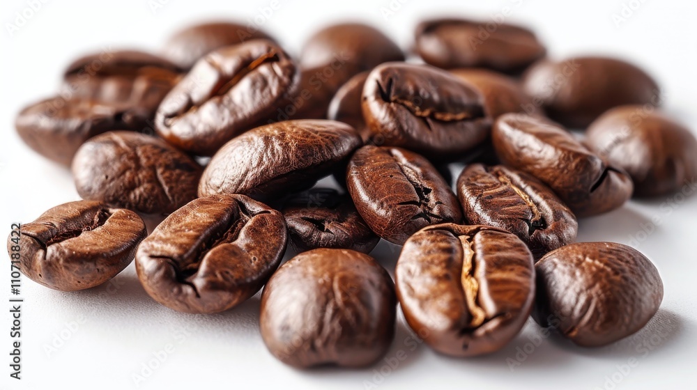 Coffee beans in a random cluster on a white surface, highlighting their natural shapes Coffee beans in a random cluster on a white surface, highlighting their natural shapes