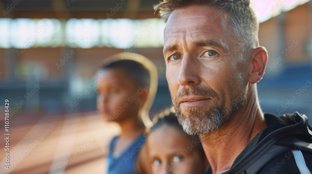 A man with a serious expression standing in an Outdoor setting possibly a sports field or arena surrounded by people. A man with a serious expression standing in an Outdoor setting possibly a sports field or arena surrounded by people.