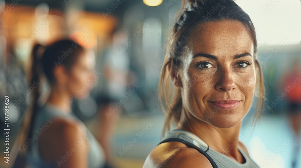 A woman in a gym setting captured from the chest up with a blurred background featuring other individuals. A woman in a gym setting captured from the chest up with a blurred background featuring other individuals.
