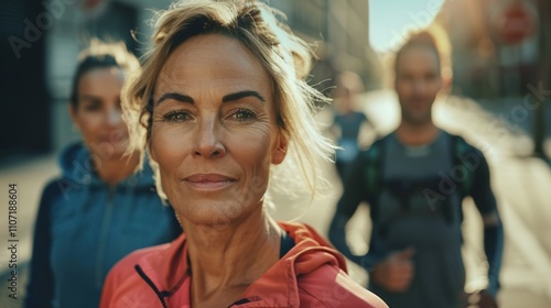 A middle-aged woman with blonde hair and a red jacket is captured in a close-up shot with a man and another woman in the background. photo