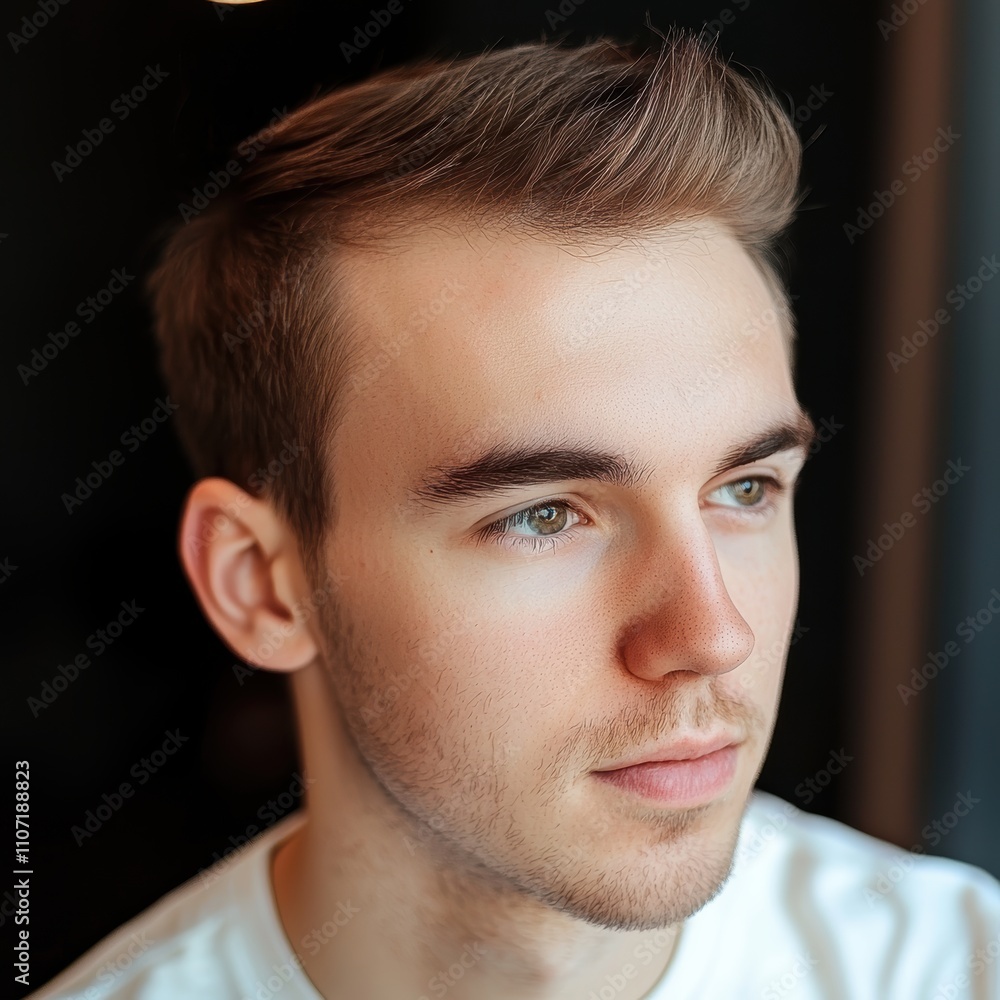 Fototapeta premium Thoughtful young Caucasian man gazing into the distance with soft lighting.