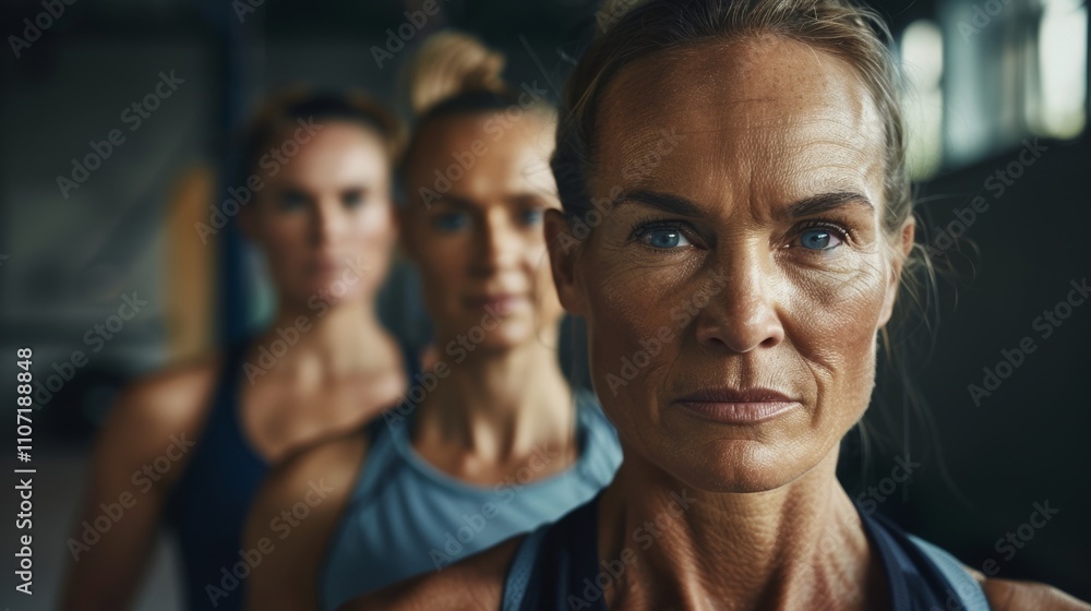 Three Women in Gym Attire Focused Expression Studio Setting. Three Women in Gym Attire Focused Expression Studio Setting.