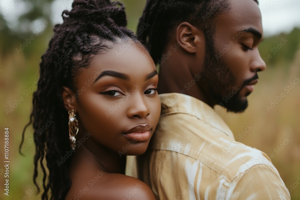 A romantic portrait of a couple standing back to back in a natural setting, exuding love and connection with their intimate expressions against a lush backdrop. A romantic portrait of a couple standing back to back in a natural setting, exuding love and connection with their intimate expressions against a lush backdrop.