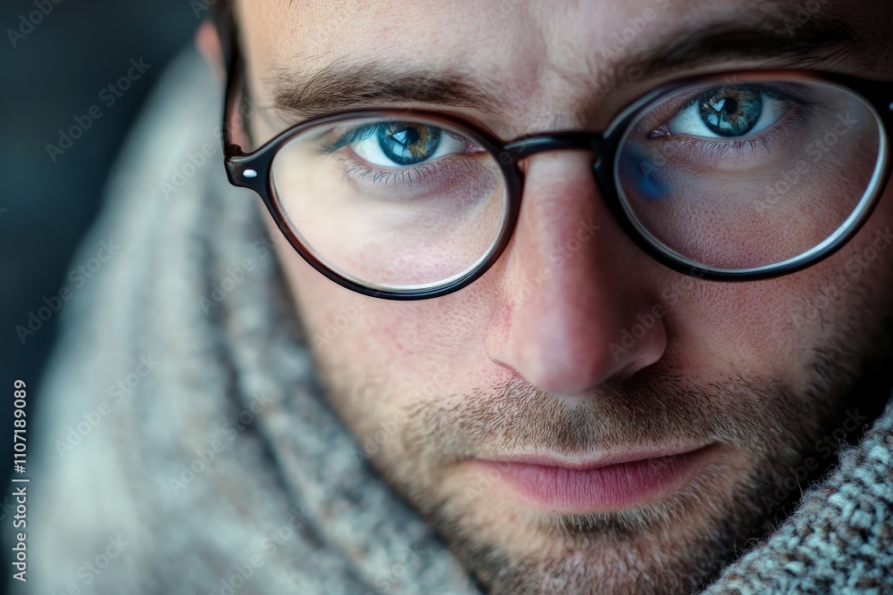 An engaging close-up of a man wearing glasses and a textured scarf, reflecting a thoughtful demeanor and inviting connection through his expressive gaze and rugged look. An engaging close-up of a man wearing glasses and a textured scarf, reflecting a thoughtful demeanor and inviting connection through his expressive gaze and rugged look.