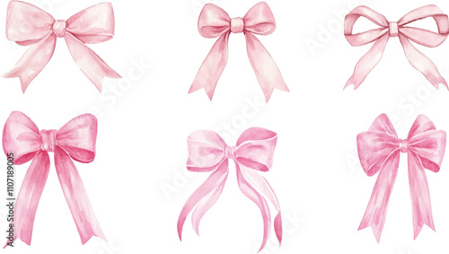 Watercolor pink ribbon frame with bow clip art set white background