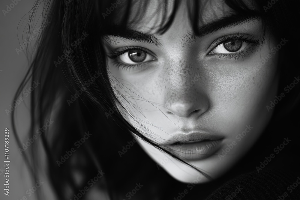 Fototapeta premium A stunning young woman with striking features is captured in black and white, highlighting her captivating eyes and freckles while conveying raw beauty and emotion.