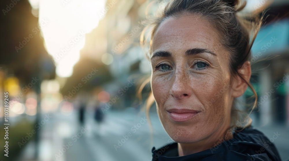 The image is a close-up Of a woman standing On a city street with a blurred background and warm lighting. The image is a close-up Of a woman standing On a city street with a blurred background and warm lighting.