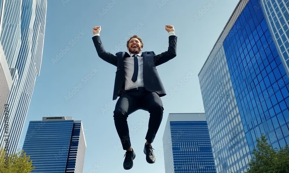 Businessman Jumping for Joy: A triumphant businessman leaps for joy in ...