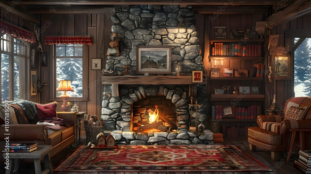 The photo showcases a rustic mountain lodge living room with a stone fireplace and vintage furniture, Photography, Country Living Style, rugged charm, warm tones, and natural finishes, photorealistic The photo showcases a rustic mountain lodge living room with a stone fireplace and vintage furniture, Photography, Country Living Style, rugged charm, warm tones, and natural finishes, photorealistic