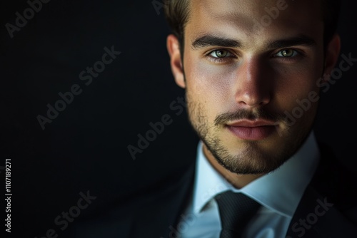 A dapper young man dressed in formal attire gazes intensely at the camera, embodying sophistication and charisma with his chiselled features in a dramatic light setting.