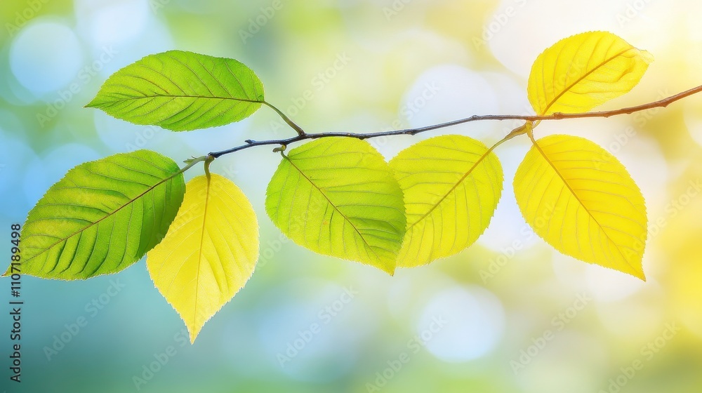 Vibrant Green and Yellow Leaves on a Branch Vibrant Green and Yellow Leaves on a Branch