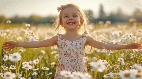 Fototapeta Naklejka Na Ścianę i Meble -  A joyful child portrait of a little girl in a bright dress, twirling in a field of daisies with a big smile