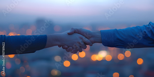  Business Handshake with Glowing City Lights in Background photo