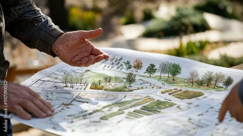 Obraz na płótnie A landscape architect presenting design ideas to a client, using visual aids and plans to illustrate concepts