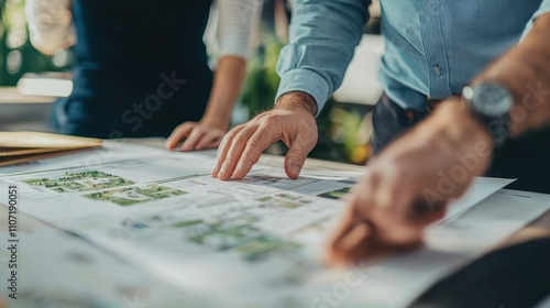 A landscape architect presenting design ideas to a client, using visual aids and plans to illustrate concepts