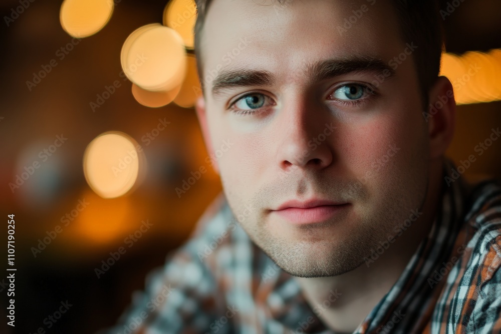 A contemplative young man gazes thoughtfully into the distance, featuring intense blue eyes and a plaid shirt, set against a softly blurred background of warm lights. A contemplative young man gazes thoughtfully into the distance, featuring intense blue eyes and a plaid shirt, set against a softly blurred background of warm lights.