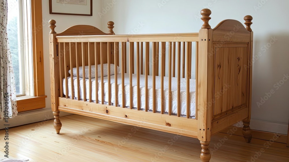 Wooden Crib with White Bedding in a Room with Hardwood Floors Wooden Crib with White Bedding in a Room with Hardwood Floors