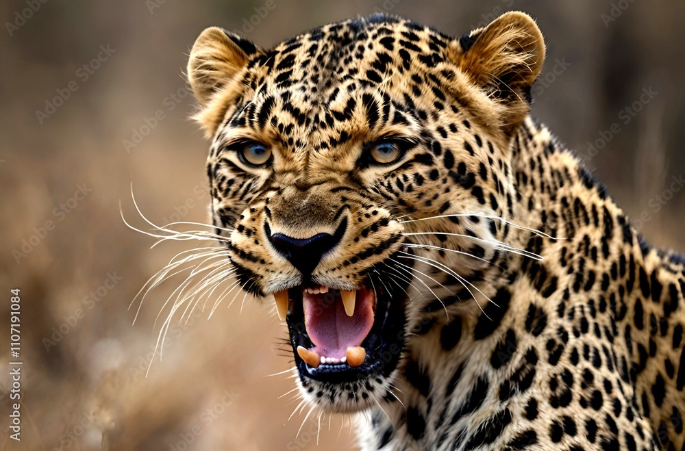 Obraz premium Close-up portrait of a leopard, its face contorted in rage, reveals the power of the wild.