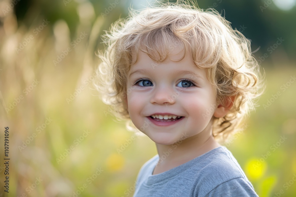 A joyful toddler with curly hair smiles brightly in a sunlit field, illustrating the pure happiness and enthusiasm of early childhood surrounded by nature's glowing beauty. A joyful toddler with curly hair smiles brightly in a sunlit field, illustrating the pure happiness and enthusiasm of early childhood surrounded by nature's glowing beauty.