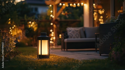 A mockup of a stylish outdoor lamp situated in a garden setting, casting a warm glow on a patio area with seating and decorative lights photo