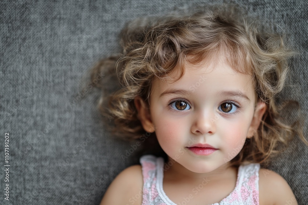 Naklejka premium A charming young girl with beautiful curly hair gazes directly at the camera, showcasing her innocent expression and bright, captivating eyes in a soft, inviting setting.