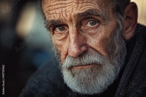 An elderly man with a weathered face and wise expression conveys a sense of life experience and depth, inviting viewers to reflect on the passage of time and human resilience.