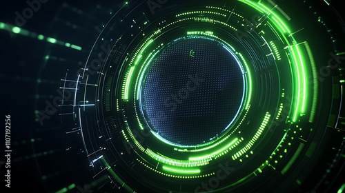 Abstract futuristic digital globe with glowing green lines and circular patterns on dark background