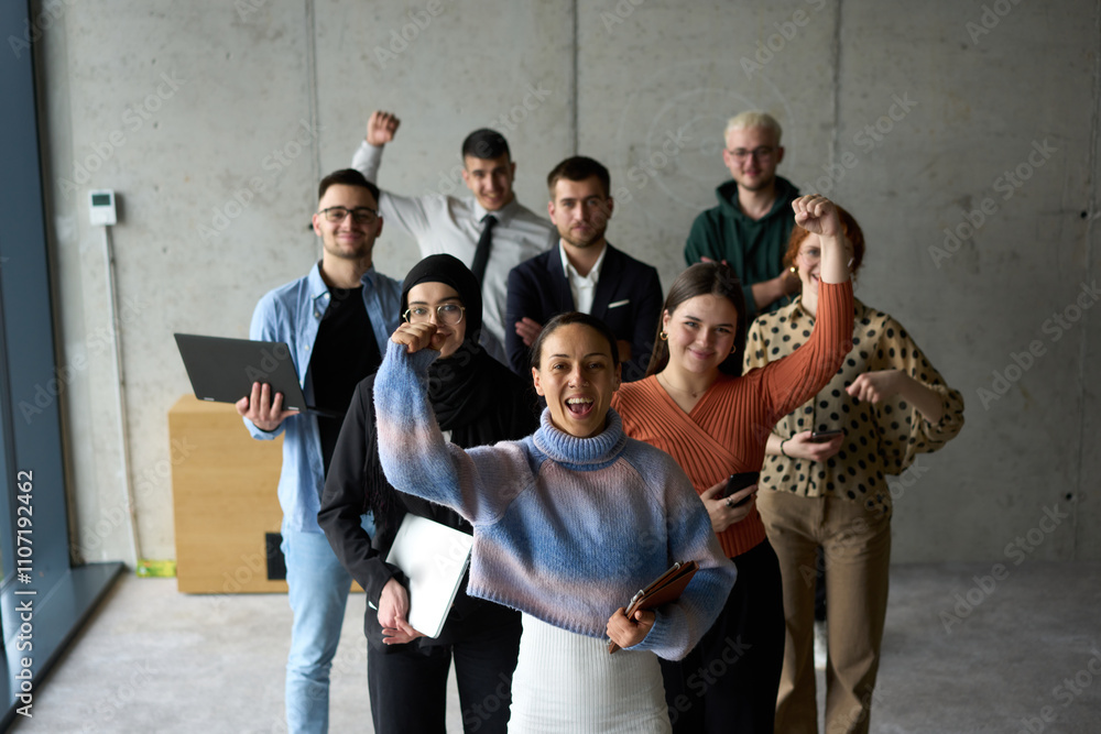 Fototapeta premium A diverse team of business professionals ecstatically celebrating their success in a modern office, expressing triumph and unity after achieving their goals