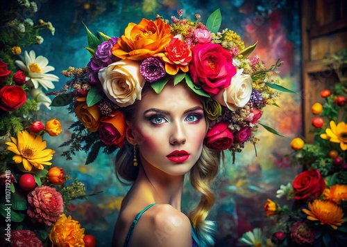 Urban Exploration Photography: A Fashion Studio Scene Featuring a Woman Adorned with Vibrant Flowers in a Creative Artistic Setting