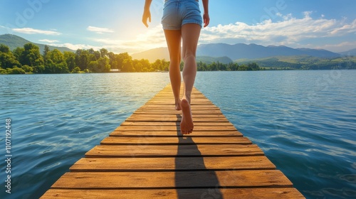 Walking on Sunlit Wooden Planks by the Lake