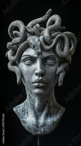 Mythical creature Medusa Gorgon hair snake statue made of plaster on a black background