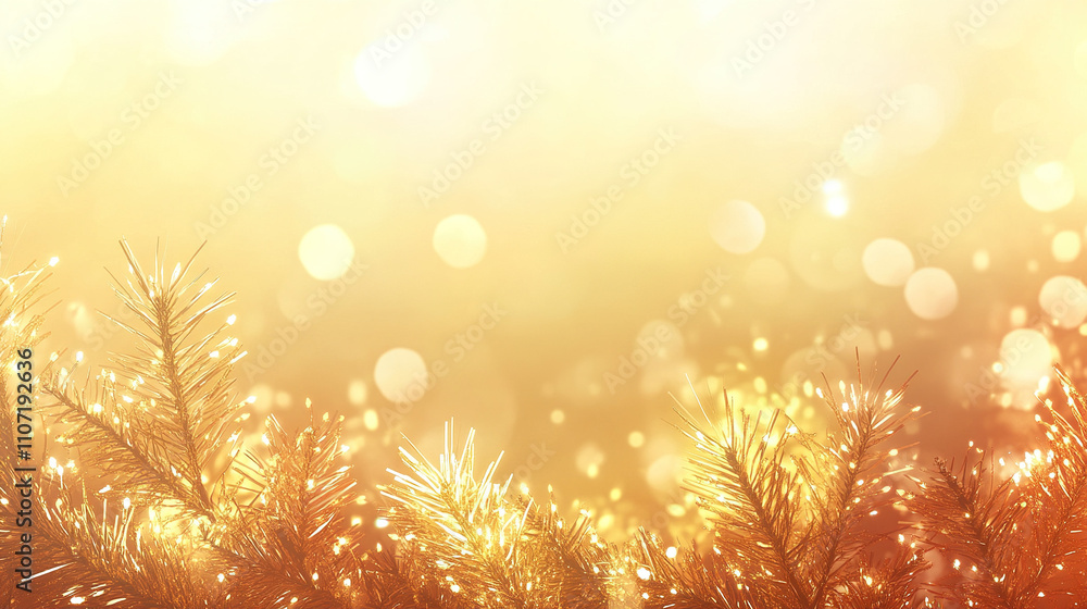 A warm Christmas design featuring golden tinsel, pine branches, and soft bokeh lights, creating a cozy and festive atmosphere. A warm Christmas design featuring golden tinsel, pine branches, and soft bokeh lights, creating a cozy and festive atmosphere.