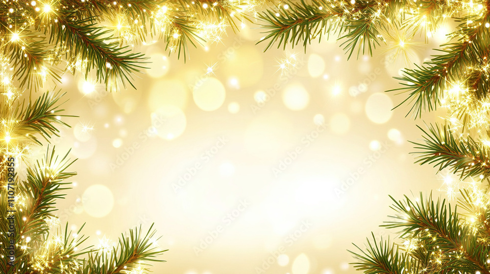 A warm Christmas design featuring golden tinsel, pine branches, and soft bokeh lights, creating a cozy and festive atmosphere. A warm Christmas design featuring golden tinsel, pine branches, and soft bokeh lights, creating a cozy and festive atmosphere.