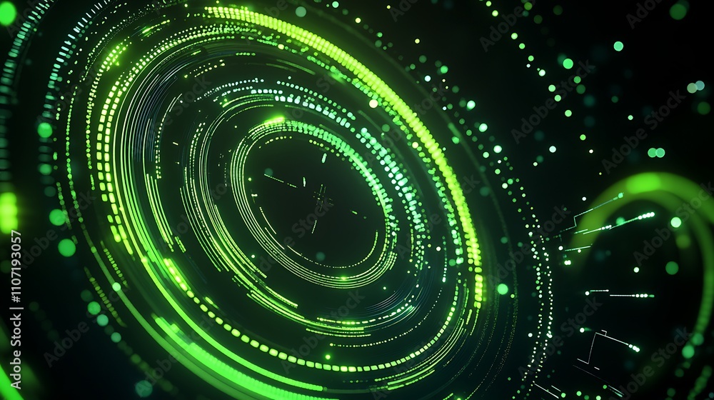 Abstract futuristic green technology background with circular glow and digital particles in motion Abstract futuristic green technology background with circular glow and digital particles in motion
