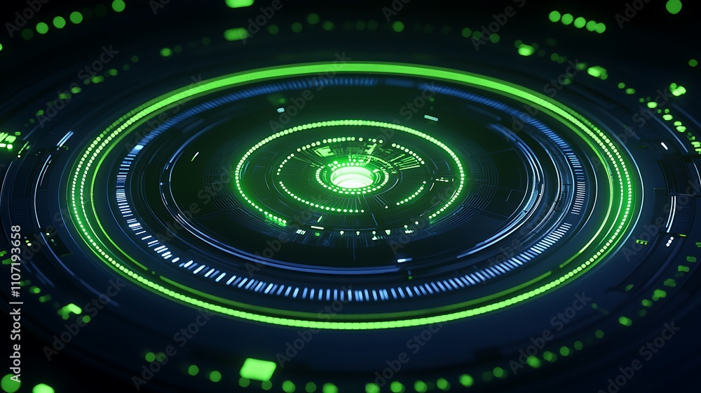 Abstract futuristic technology background with glowing green digital pattern and circular shapes in dark space Abstract futuristic technology background with glowing green digital pattern and circular shapes in dark space
