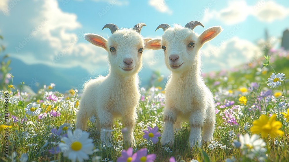 Two baby goats are laying in a field of flowers Two baby goats are laying in a field of flowers